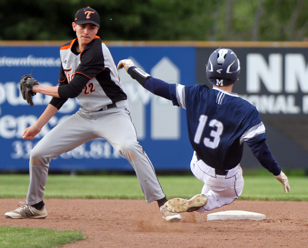 William D. Lewis the vindicator McDonad's Riley Lewis(13) is out at 2nd as Springfield's Drew Clark makes the tag.