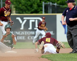 William D. Lewis The Vindicator  Canton's Chris Wilson(12) is called out at 2nd. Making the play for South Range is Kris Scandy(6). at left isTrey Pancake(3).