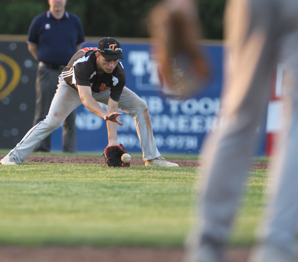 Mitchell Seymore of Springfield fields a ground ball during the dictrict championship matchup against Warren JFK at Cene Park in Struthers on Thursday night.   Dustin Livesay  |  The Vindicator  5/23/19  Cene Park.