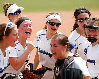 Poland cheers in between innings during their Division II regional final game against Crestwood at Firestone Stadium in Akron on Saturday. EMILY MATTHEWS | THE VINDICATOR