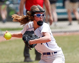 Poland's Emily Denny throws the ball to first during their Division II regional final game against Crestwood at Firestone Stadium in Akron on Saturday. EMILY MATTHEWS | THE VINDICATOR