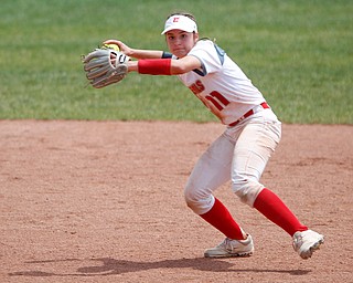 Crestwood's Angie Masiello throws the ball to first during their Division II regional final game against Poland at Firestone Stadium in Akron on Saturday. EMILY MATTHEWS | THE VINDICATOR