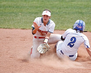 Crestwood's Angie Masiello prepares to catch the ball as Poland's Camryn Lattanzio slides safely into second during their Division II regional final game at Firestone Stadium in Akron on Saturday. EMILY MATTHEWS | THE VINDICATOR