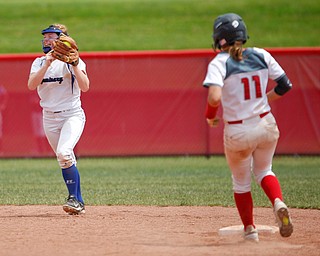 Poland's Lauren Sienkiewicz catches a fly ball to make the last out of their Division II regional final game against Crestwood at Firestone Stadium in Akron on Saturday. EMILY MATTHEWS | THE VINDICATOR