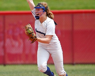 Poland's Lauren Sienkiewicz celebrates after catching a fly ball to make the last out of their Division II regional final game against Crestwood at Firestone Stadium in Akron on Saturday. EMILY MATTHEWS | THE VINDICATOR