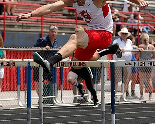 AUSTINTOWN, OHIO - May 24, 2019: Track & Field  D2 Region at Austintown-Fitch High School. .Boys 300m hurdles. Salem's Zach Murray finishes 2nd in a time of 39.26 secs. to qualify for the state meet, Photo by MICHAEL G. TAYLOR | THE VINDICATOR