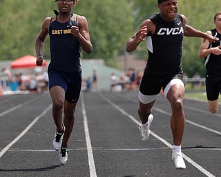 AUSTINTOWN, OHIO - May 24, 2019: Track & Field  D2 Region at Austintown-Fitch High School. .Boys 200m. Youngstown East's Tobias Hayes finishes 2nd in a timeof 21.66 secs. and qualifies for the state meet, Photo by MICHAEL G. TAYLOR | THE VINDICATOR