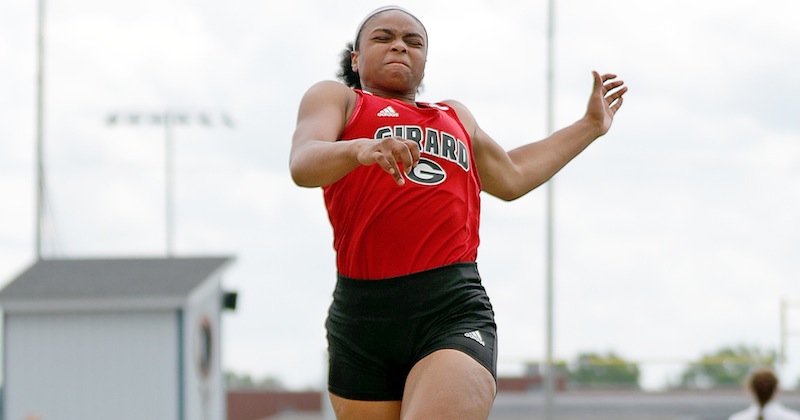 Girard’s Jalaya Brown wins the winning long jump with a leap of 17-05.75 meters  in the Division II regional meet Saturday at Austintown Fitch. Brown is one of three Girard athletes to qualify for next week’s state meet. Nick Malito and Daryl Smith qualified in the 100.