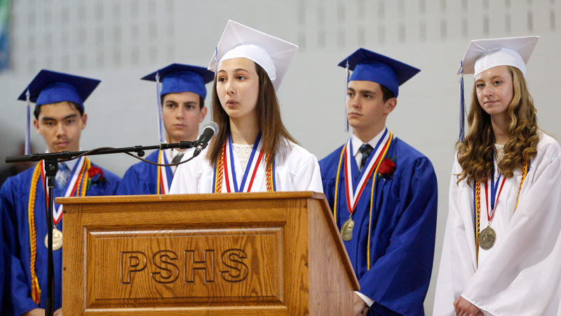 Galatiana Lopuchovsky, one of Poland Seminary High School’s valedictorians, gives her address  at Poland’s 2019 commencement ceremony at the high school on Saturday.