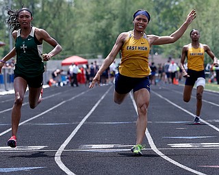 AUSTINTOWN, OHIO - May 24, 2019: Track & Field  D2 Region at Austintown-Fitch High School. .Youngstown East's Kyndia Matlock takes 2nd place in the 100 meters in the time of 11.76 secs.and qualifies for the state meet, Photo by MICHAEL G. TAYLOR | THE VINDICATOR