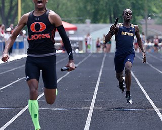 AUSTINTOWN, OHIO - May 24, 2019: Track & Field  D2 Region at Austintown-Fitch High School. .Boys 4x200m. Youngstown East's Latwon Jordan finished the relay. East finished 3rd and to qualified for the state meet, Photo by MICHAEL G. TAYLOR | THE VINDICATOR