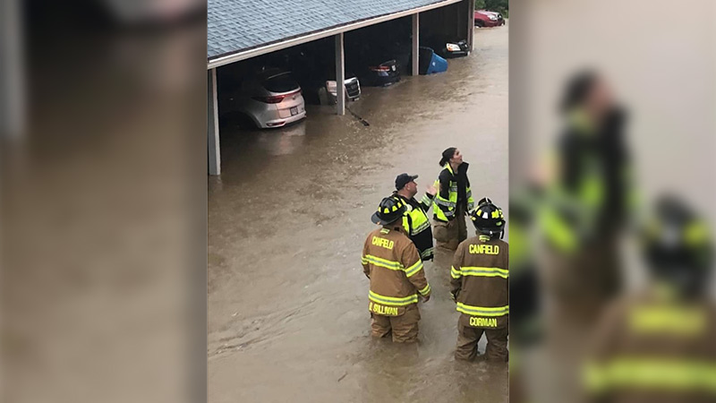 Cardinal Joint Fire District was involved in many rescue efforts Tuesday night, One such rescue was in Indian Run Apartments where safety personnel were using rafts to get to people trapped in basement apartments.