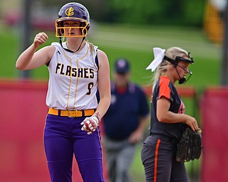 AKRON, OHIO - MAY 30, 2019: Champion's Cassidy Shaffer celebrates after hitting a RBI-double in the fourth inning of their OHSAA Division III State-Semi Final game, Thursday morning at Firestone Stadium in Akron. Champion won 10-0. DAVID DERMER | THE VINDICATOR