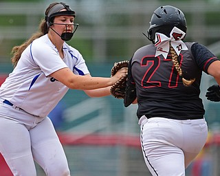AKRON, OHIO - MAY 30, 2019: Poland's Ally Nittoli tags out Jonathan Alder's Marlee Jacobs in the second inning of their OHSAA Division II State-Semi Final game, Thursday morning at Firestone Stadium in Akron. Jonathan Alder won 6-3. DAVID DERMER | THE VINDICATOR