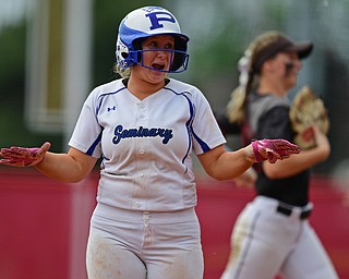 AKRON, OHIO - MAY 30, 2019: Poland's Tori Moderalli reacts after being picked off at first base in the second inning of their OHSAA Division II State-Semi Final game, Thursday morning at Firestone Stadium in Akron. Jonathan Alder won 6-3. DAVID DERMER | THE VINDICATOR