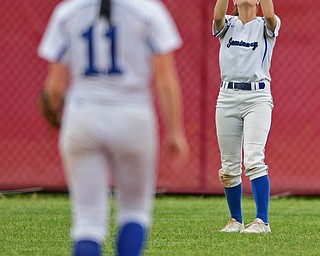 AKRON, OHIO - MAY 30, 2019: Poland's Brooke Bobby catches a flout by Jonathan Alder's Emily Walker in the fourth inning of their OHSAA Division II State-Semi Final game, Thursday morning at Firestone Stadium in Akron. Jonathan Alder won 6-3. DAVID DERMER | THE VINDICATOR