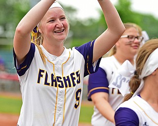 AKRON, OHIO - MAY 30, 2019: Champion's Cassidy Shaffer celebrates with the crowd after defeating Meadowbrook 10-0 in their OHSAA Division III State-Semi Final game, Thursday morning at Firestone Stadium in Akron. DAVID DERMER | THE VINDICATOR