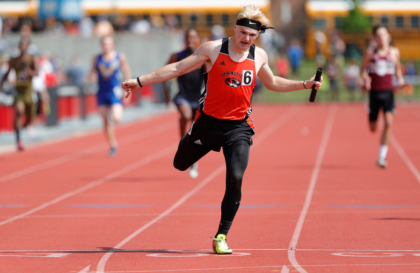 COLUMBUS, OHIO - May 31, 2019: OHSAA Track & Field Championships at Jesse Owens Stadium, Ohio State University. .D3 Boy's 4x200 Relay. Springfield's Garrett Walker lunges for finish line. Photo by MICHAEL G. TAYLOR | THE VINDICATOR