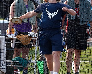 COLUMBUS, OHIO - May 31, 2019: OHSAA Track & Field Championships at Jesse Owens Stadium, Ohio State University. .D3 Boy's Discus. McDonald's Zach Gray completes his throw in the final. Zach finished 1st. Photo by MICHAEL G. TAYLOR | THE VINDICATOR