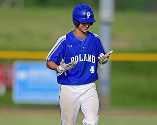 HUDSON, OHIO - MAY 31, 2019: Poland's Braeden O'Shaughnessy reacts after flying out in the sixth inning of Friday nights OHSAA Division II Regional Semi-Final game at Hudson High School. Gilmour Academy won 11-0. DAVID DERMER | THE VINDICATOR