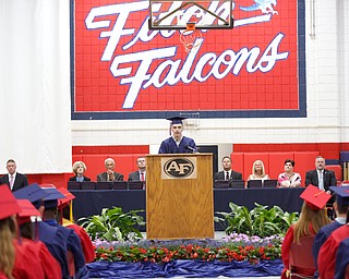 Brandon Smith, MCCTC senior class speaker, gives a farewell message during the Austintown Fitch commencement ceremony in the school's gymnasium Saturday morning. EMILY MATTHEWS | THE VINDICATOR