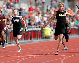 COLUMBUS, OHIO -June 1, 2019: OHSAA Track & Field Championships at Jesse Owens Stadium, Ohio State University. .D3 Boy's 4x100m. Crestview's Dylan Huff crosses the finish line for the win. Photo by MICHAEL G. TAYLOR | THE VINDICATOR