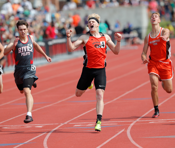 COLUMBUS, OHIO -June 1, 2019: OHSAA Track & Field Championships at Jesse Owens Stadium, Ohio State University. .D3 Boy's 400. Springfield's Garrett Walker celebrates winning the state championship. Photo by MICHAEL G. TAYLOR | THE VINDICATOR