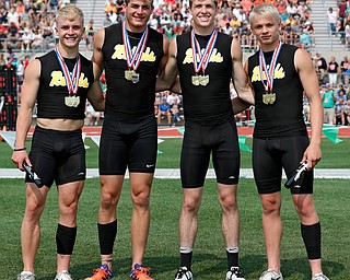 COLUMBUS, OHIO -June 1, 2019: OHSAA Track & Field Championships at Jesse Owens Stadium, Ohio State University. .D3 Boy's. Crestview'sstate champion relay team (from left to right)  Ethan Powell, Dylan Huff, Jayce Meridith, Brandon Yanssens.This group won 2 titles.  Photo by MICHAEL G. TAYLOR | THE VINDICATOR