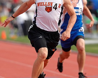 COLUMBUS, OHIO -June 1, 2019: OHSAA Track & Field Championships at Jesse Owens Stadium, Ohio State University. .D3 Boy's 100m. Wellsville's Justin Wright  leans for the finish line for the win. Photo by MICHAEL G. TAYLOR | THE VINDICATOR