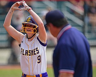 AKRON, OHIO - JUNE 1, 2019: Champion's Cassidy Schaffer celebrates while running the bases after hitting a 2-run home run in the seventh inning of the OHSAA Division III Championship game, Saturday morning at Firestone Stadium in Akron. Champion won 5-0. DAVID DERMER | THE VINDICATOR