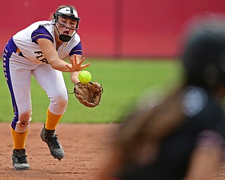 AKRON, OHIO - JUNE 1, 2019: Champion's Emma Gumont looks the ball into her glove to take a hit away from Cardington-Lincoln's Hailee Edgel in the seventh inning of the OHSAA Division III Championship game, Saturday morning at Firestone Stadium in Akron. Champion won 5-0. DAVID DERMER | THE VINDICATOR