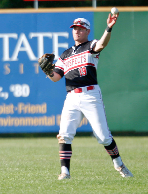 Prospects' Carter Chinn throws the ball in from the outfield during their game against Whiting at Bob Cene Park on Monday evening. EMILY MATTHEWS | THE VINDICATOR