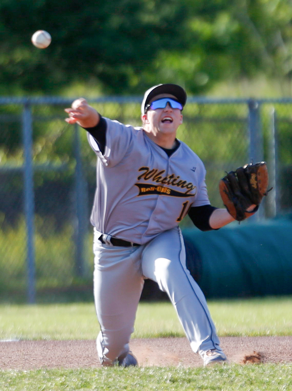 Whiting's Tyler Clary throws the ball to first during their game against the Prospects at Bob Cene Park on Monday evening. EMILY MATTHEWS | THE VINDICATOR