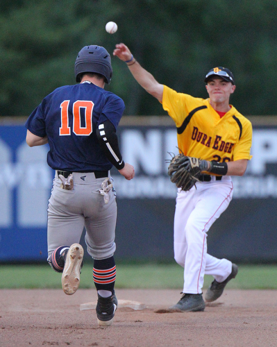 William D. Lewis The Vindicator Dura EdgeNathan Meeks(20)throws to first for a double play during 1rst inning. AstrosAndrew Russell(10) is out at 2nd during a 6-4-19 game at Cene.