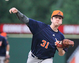 Astro Falcons pitcher Nick Cosentino makes a delivery to the plate during Tuesday night's game against DuraEdge at Cene Park in Struthers. Cosentino scattered four hits in six innings as the Falcons won 6-0.