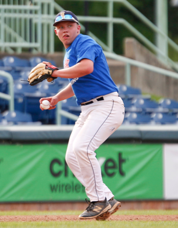 Mahoning County's Bryan Harris, of Lowellville, throws the ball to first during the 2019 High School Valley All Star Classic against Trumbull County at Eastwood Field on Friday evening. EMILY MATTHEWS | THE VINDICATOR