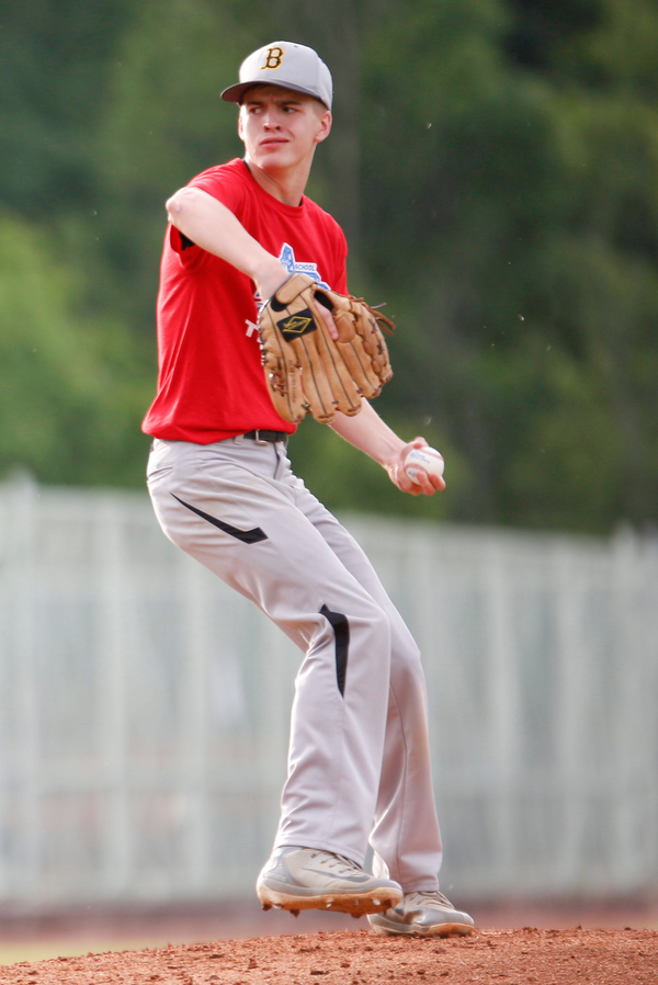 Trumbull County's Gage Elza, of Bristol, pitches during the 2019 High School Valley All Star Classic against Mahoning County at Eastwood Field on Friday evening. EMILY MATTHEWS | THE VINDICATOR