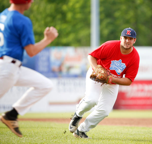 Trumbull County's Alex Hernandez, of JFK, tries to beat Mahoning County's Mike Fetsko, of Boardman, to first during the 2019 High School Valley All Star Classic at Eastwood Field on Friday evening. EMILY MATTHEWS | THE VINDICATOR