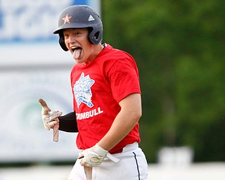 Trumbull County's Andrew Russell, of Champion, reacts after getting a single during the 2019 High School Valley All Star Classic at Eastwood Field on Friday evening. EMILY MATTHEWS | THE VINDICATOR
