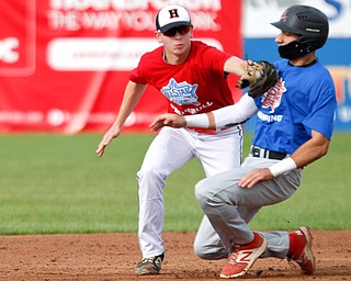 Trumbull County's Frank Manios of Howland tags out Mahoning County's Jad Jaddallah of Canfield during the 2019 High School Valley All Star Classic at Eastwood Field on Friday. Trumbull edged Mahoning, 4-3.