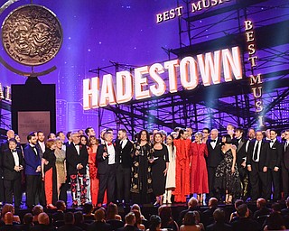 The company of "Hadestown," including two Mahoning Valley men, accept the award for best musical at the 73rd annual Tony Awards at Radio City Music Hall on Sunday in New York.