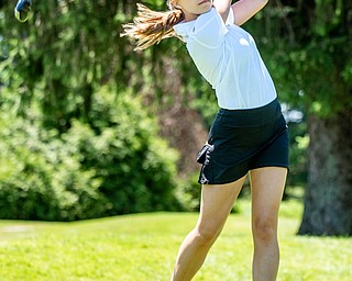 DIANNA OATRIDGE | THE VINDICATOR Olivia Leskovac, 15, of Canfield, watches her tee shot during the Greatest Golfer of the Valley Junior Qualifier at Pine Lakes in Hubbard on Tuesday.