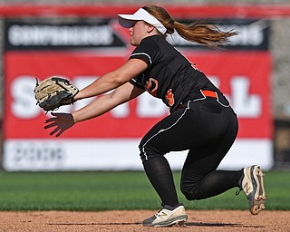 YOUNGSTOWN, OHIO - JUNE 11, 2019: Newton Falls' Tara Backherms catches a fly out by Springfield's Hailey Tydings in the fourth inning of the 16th Annual Bill Sferra Softball Classic, Tuesday afternoon at Youngstown State University. DAVID DERMER | THE VINDICATOR