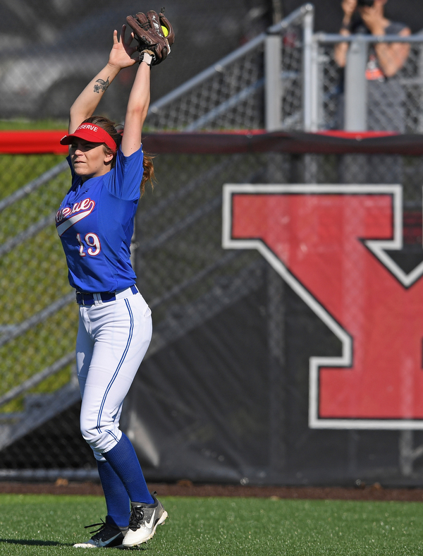 YOUNGSTOWN, OHIO - JUNE 11, 2019: Western Reserve's Jasmine Phillips hangs on to the ball hit by Lakeview's Cait Kelm in the fifth inning of the 16th Annual Bill Sferra Softball Classic, Tuesday afternoon at Youngstown State University. DAVID DERMER | THE VINDICATOR