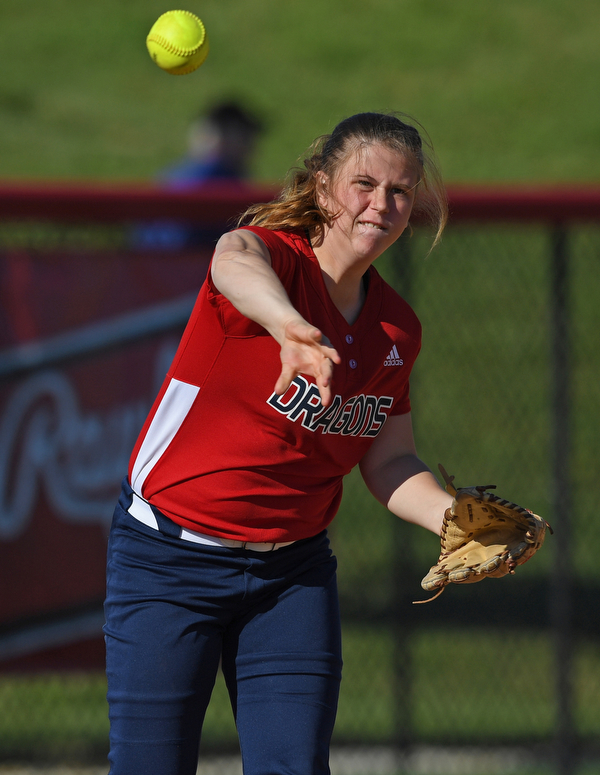 YOUNGSTOWN, OHIO - JUNE 11, 2019: Niles' Lindsey Hays throws to ball to first to get out Western Reserves's Jasmine Phillips in the sixth inning of the 16th Annual Bill Sferra Softball Classic, Tuesday afternoon at Youngstown State University. DAVID DERMER | THE VINDICATOR