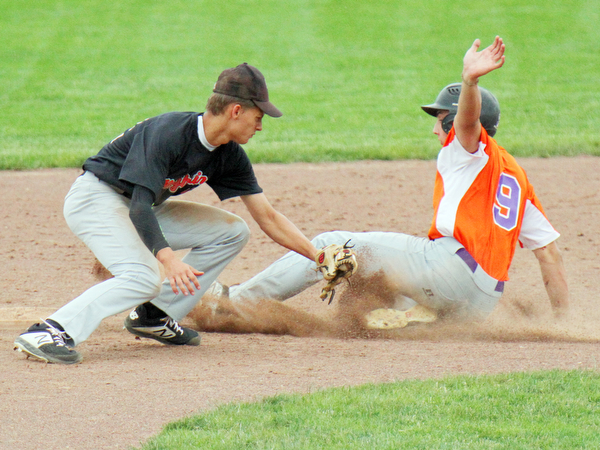 William D. Lewis The vindicatotr  Creekside's Dylan Gurski(9) steals 2nd as Knightline's Mason McCurdy(22) tries to make the tag during 6-12-19 action at Cene.