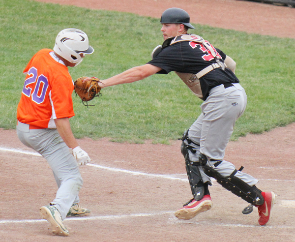 William D. Lewis The Vindicator   Creekside's Nic Ottaviani(20) is tagged at the plate by Knightline's John Ritter(38) during 6-12-19 action at Cene.