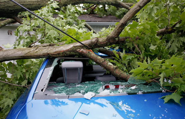 Heavy storms brought down a tree and live wires in front of Nicole and Shawn Varley's house and onto Shawn's car at 8207 Longview Dr. in Howland on Sunday. EMILY MATTHEWS | THE VINDICATOR