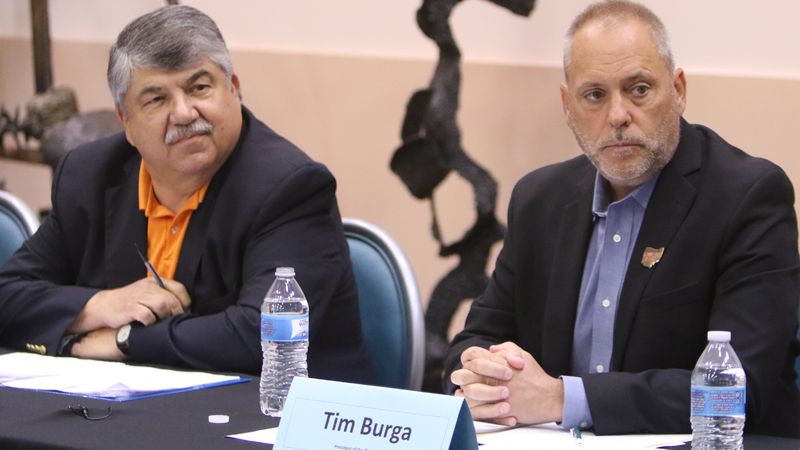 Richard Trumka, left, national president of the AFL-CIO, was in Youngstown on Tuesday and criticized both NAFTA and USMCA trade acts, saying they still don't help the American people. At right is Tim Burga, Ohio AFL-CIO president.
