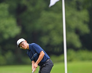 BOARDMAN, OHIO - JUNE 18, 2019: Max Hu, of Richmond Hill, Ontario, follows his putt on 17th hole, Tuesday afternoon at Mill Creek Golf Course during he first round of the American Junior Golf Association Tournament. DAVID DERMER | THE VINDICATOR